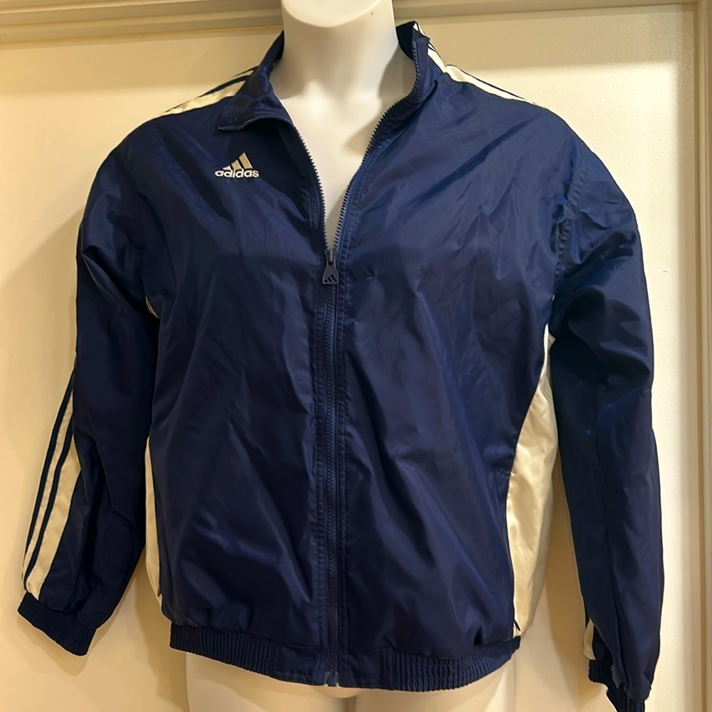 Adidas blue and white striped windbreaker size XL
